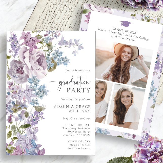 Blommigt Lila Studenten Inbjudningar (Watercolor Floral Purple Lilac Graduation Invitation Pictures on back by Painted Paperie
)
