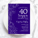Blommigt Lila Surprise 40:e födelsedagen Party Inbjudningar<br><div class="desc">Blommigt Lila Surprise 40:e födelsedagsinbjudan. Minimalistisk modern design med botaniska accenter och typsnitt för typsnitt. Enkel perfekt för inbjudan-kort i blommigt för en snyggt kvinnlig överraskning i firande. Kan anpassas till vilken ålder som helst. Skrivna Zazzle-inbjudningar eller digital utskrivbar mall för omedelbar nedladdning.</div>