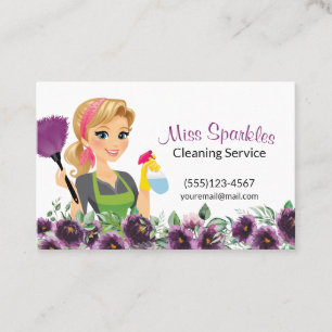 Blommigt Lila Tecknad Maid House Städning Service Visitkort
