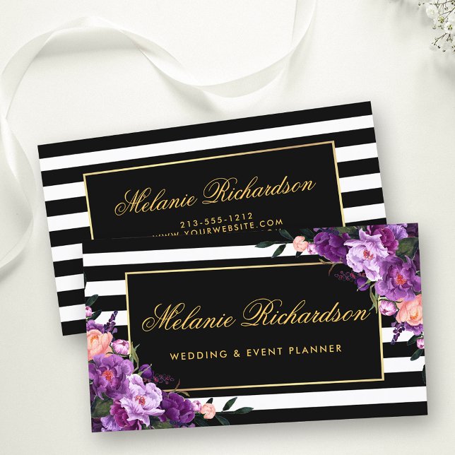 Blommigt Lila Ultra Violet Guld Stripe Black Visitkort (Customize to change text size, color or text style.)