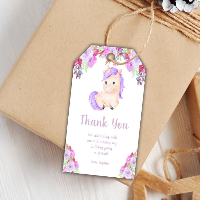 Blommigt Lila Unicorn Birthday Gift Märkres Presentetikett (Floral Purple Unicorn Birthday Gift Tags)