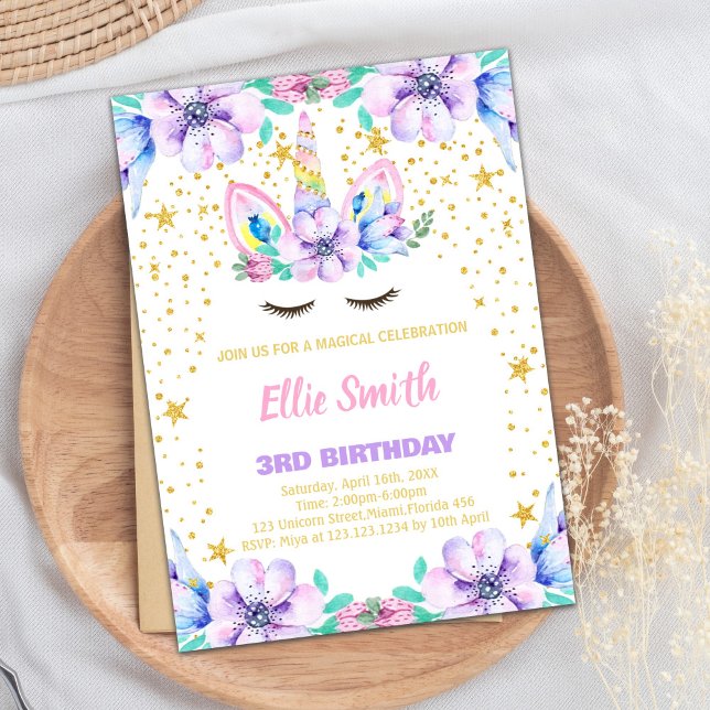 Blommigt Lila Unicorn Birthday-inbjudningar Inbjudningar (Floral Purple Unicorn Birthday Invitations)