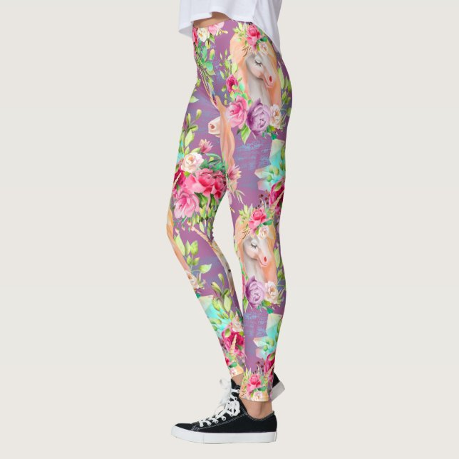 Blommigt Lila Unicorns Leggings (Vänster)