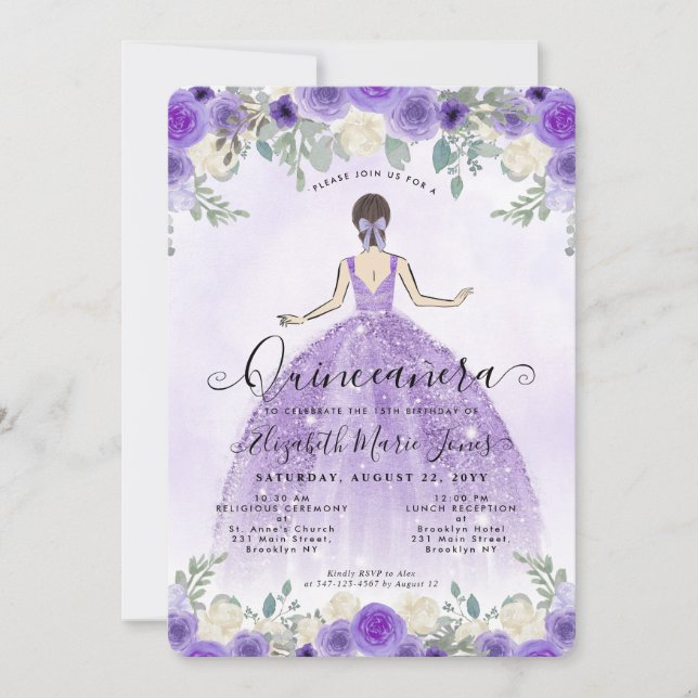 Blommigt Lila Violet Princess Birthday Quinceanera Inbjudningar (Framsida)