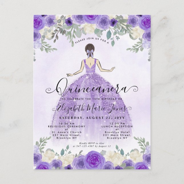 Blommigt Lila Violet Princess Birthday Quinceanera Vykort (Framsida)