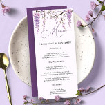 Blommigt Lila Wisteria Grenar Bröllop Meny<br><div class="desc">På den här menyn i elegant bröllop visas en delikat vattenfärgsformad wistera gren i mjuka lila- och lilac-nyanser, perfekt för att lägga till en romantisk beröring till din bröllopsmottagning. Det här menykortet är perfekt för trädgård, vinodling eller botaniskt temat bröllop och kompletterar på ett vackert sätt dina matsalar och leder...</div>