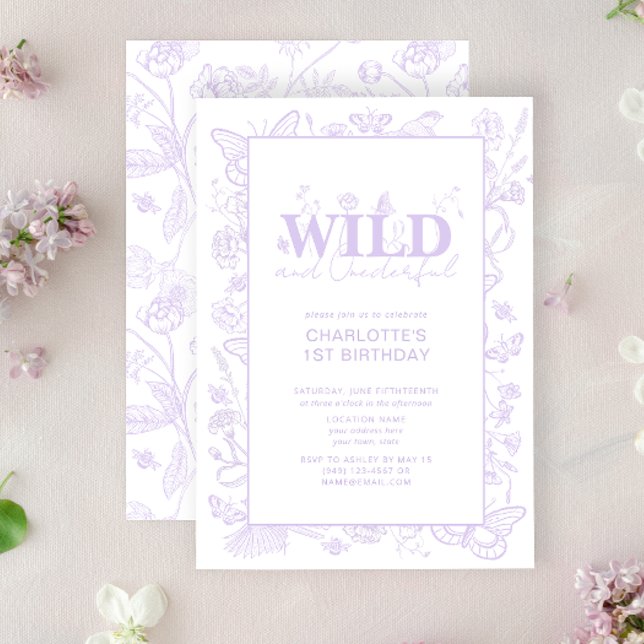Blommigt Lilac Flowers Vild & ODERING 1:a födelsed Inbjudningar (1st Birthday Invitation)