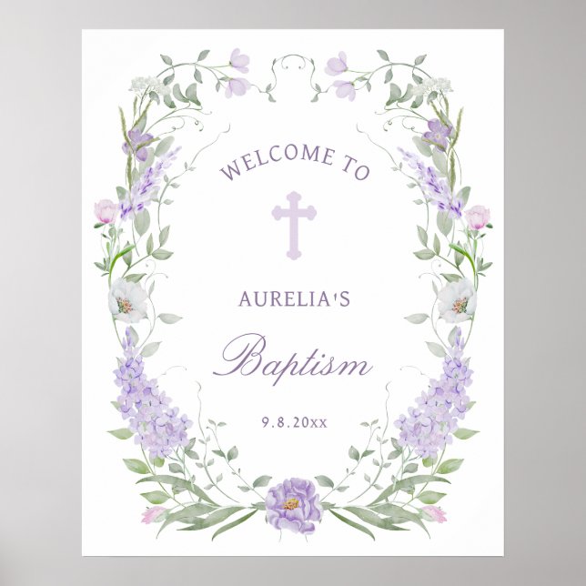 Blommigt Lilac Lavender Ram Baptism Välkommen Poster (Framsidan)