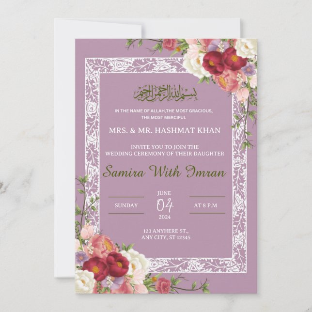Blommigt Lilac Rosa Muslim Wedding Investigation Inbjudningar (Framsida)