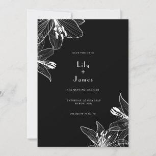 Blommigt Lilies Black and White Spara datumet Inbjudningar