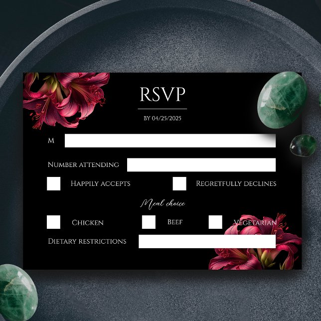 Blommigt Lily Mörk Gotham Bröllop OSA Card (Floral Lilly Moody Gothic Wedding RSVP Card)
