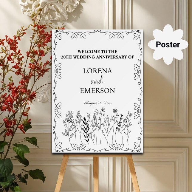 Blommigt Line Art 20:e Bröllop-årsdagen Välkomsthä Poster (Skapare uppladdad)