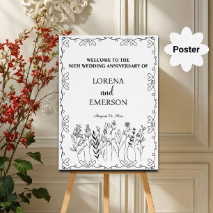 Blommigt Line Art 50:e Bröllop-årsdagen Välkomsthä Poster