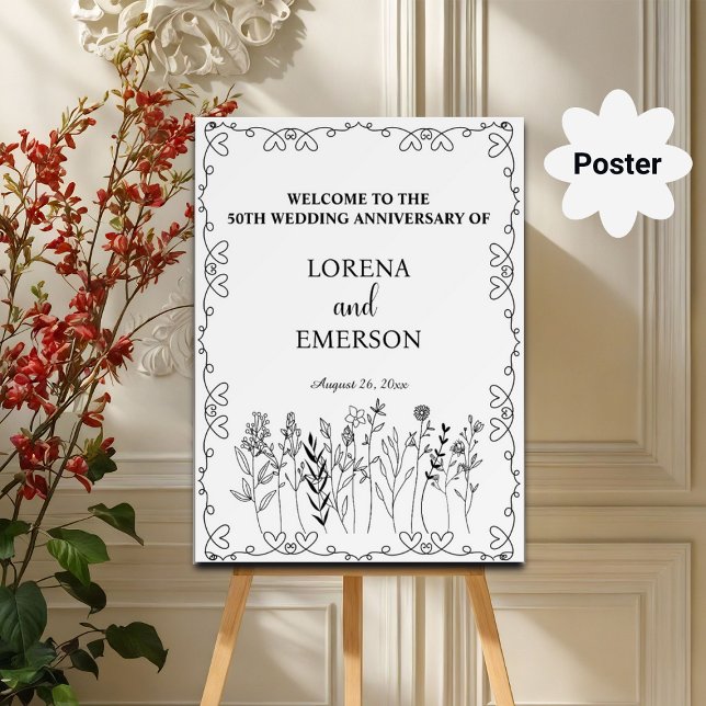 Blommigt Line Art 50:e Bröllop-årsdagen Välkomsthä Poster (Skapare uppladdad)