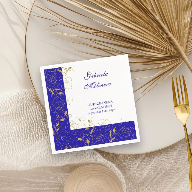 Blommigt Line Art Elegant, Royal Blue och Guld Par Pappersservett (Cocktail Napkins from my Elegant Gold Flowers Quinceanera Collection)
