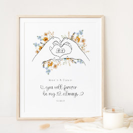 Blommigt Line Art för par hjärtformer i Händer Poster