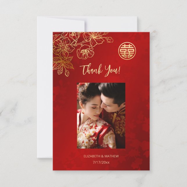 Blommigt Line Art Photo Chinese Bröllop Tack Kort (Framsida)