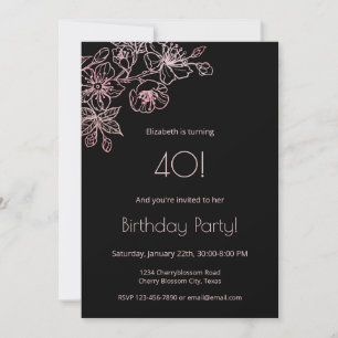Blommigt Line Art Rosa Black Birthday Inbjudningar
