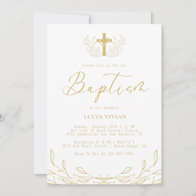 Blommigt Line Golden Kor-minimalistisk baptism Inbjudningar (Framsida)