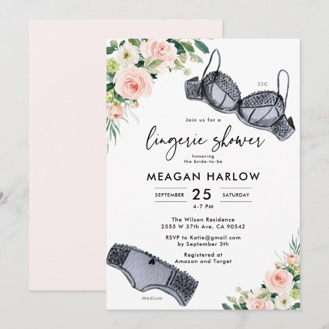 Blommigt Lingerie Party Underwear Möhippa Inbjudningar (Fram/baksida)