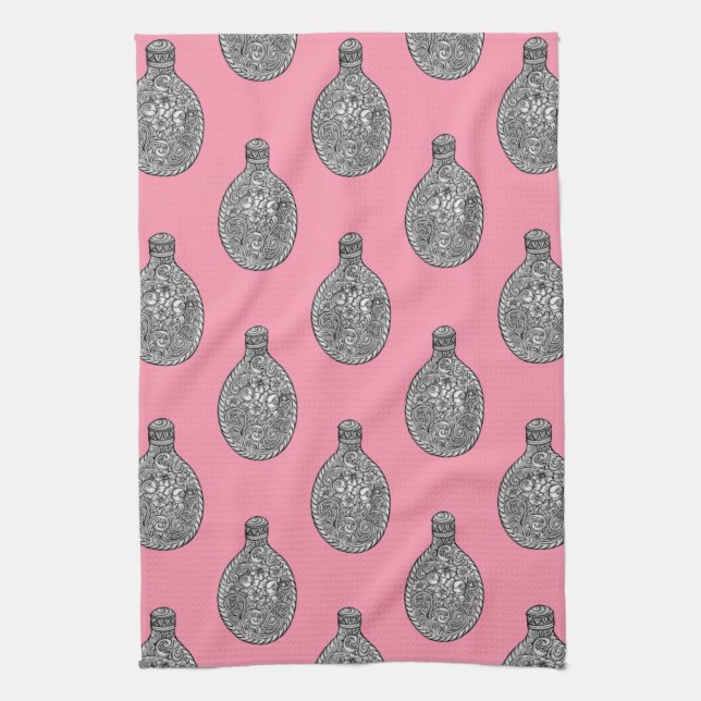 Blommigt Liquor Flask Mönster Ro Rosa Towel Kökshandduk (Vertikal)