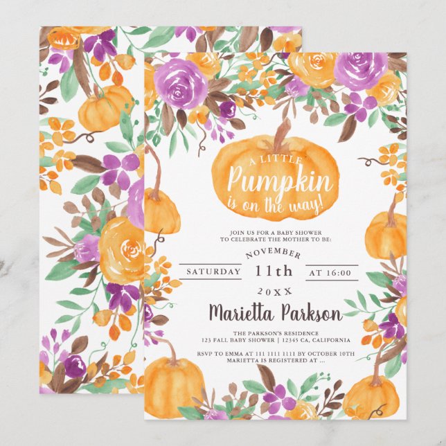 Blommigt Liten pumpa faller vattenfärgsbabydusch Inbjudningar (Fram/baksida)