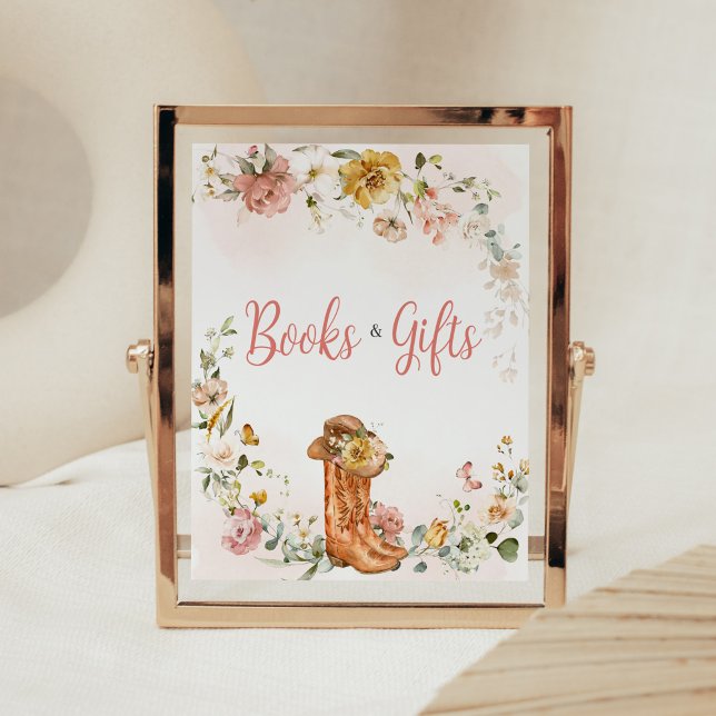 Blommigt Little Cowgirl Baby Shower Bokar och Gift Poster (Cowgirl Wild West Baby Shower Books and Gifts Sign)