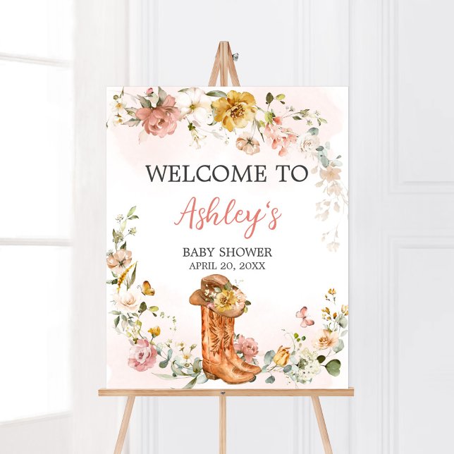 Blommigt Little Cowgirl Baby Shower Välkommen Poster (Cowgirl Wild West Baby Shower Welcome Sign)