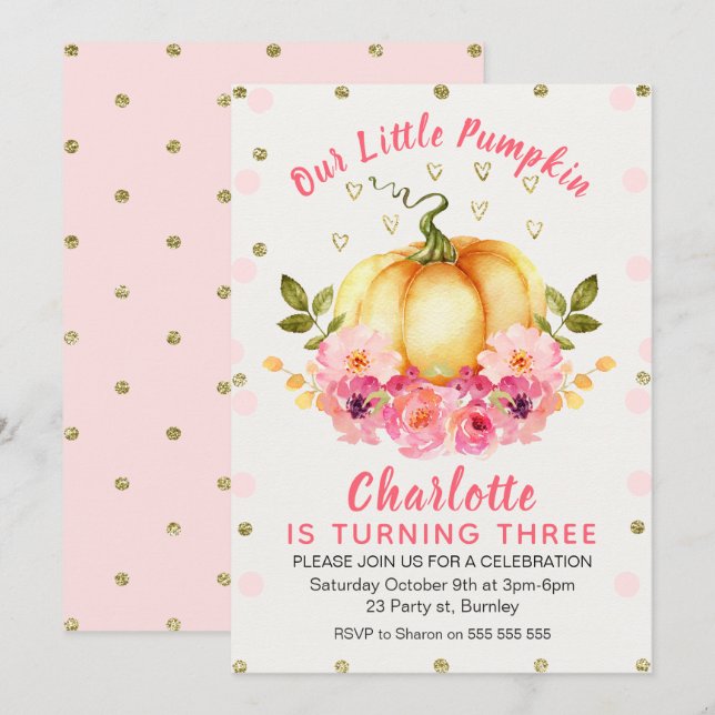 Blommigt Little Pumpkin Birthday-inbjudan Inbjudningar (Fram/baksida)