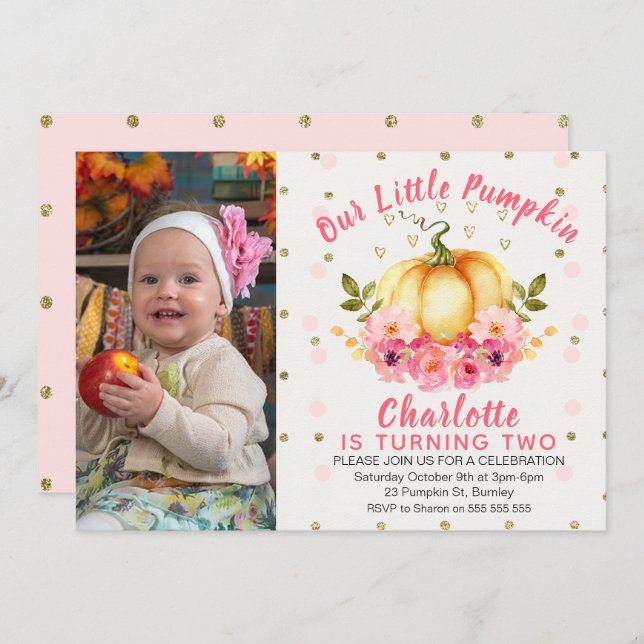 Blommigt Little Pumpkin Photo Birthday-inbjudan Inbjudningar (Fram/baksida)