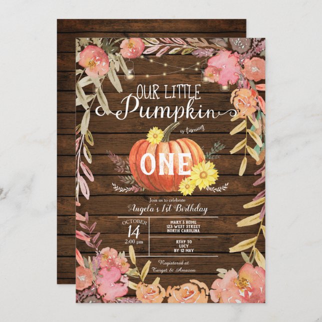 Blommigt Little Pumpkin Wood Fall 1st Birthday Inbjudningar (Fram/baksida)