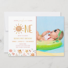 Blommigt Little Sunshine 1:a Birthday Photo Inbjud Inbjudningar