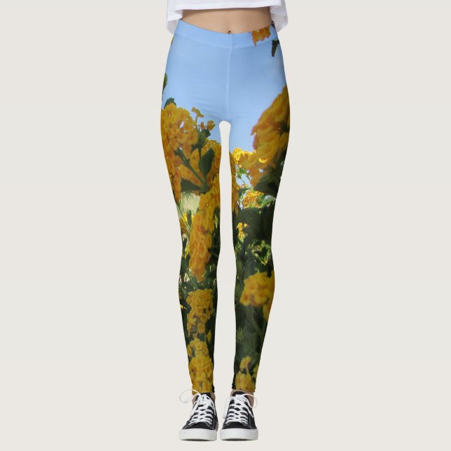 Blommigt Ljus Gult liggande blommor Leggings (Framsida)