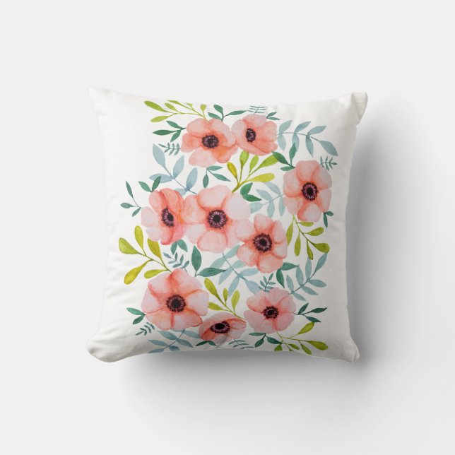 Blommigt Ljusa rosa vattenfärgsblommor Kudde (Framsida)
