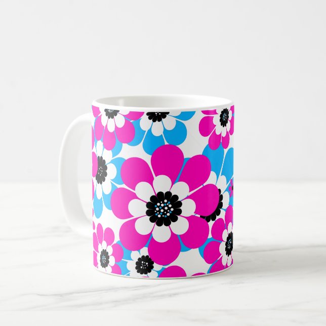 Blommigt ljusstark neon mönster-ljus och blått kaffemugg (Framsida vänster)