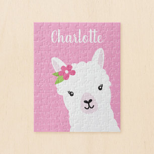Blommigt Llama Alpaca Rosa Personlig Kids Pussel