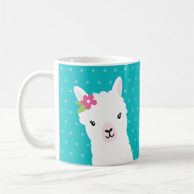 Blommigt Llama Alpaca Teal Personlig Kaffemugg (Vänster)