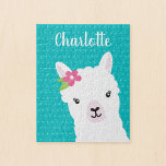 Blommigt Llama Alpaca Teal Personlig Kids Pussel<br><div class="desc">Tvätta vit lamabild,  blomma och tårblått polka-punktbakgrund gör detta till ett roligt pussel för en ung flicka. Anpassa med namn för en speciellare gåva som hon kommer att uppskatta.</div>