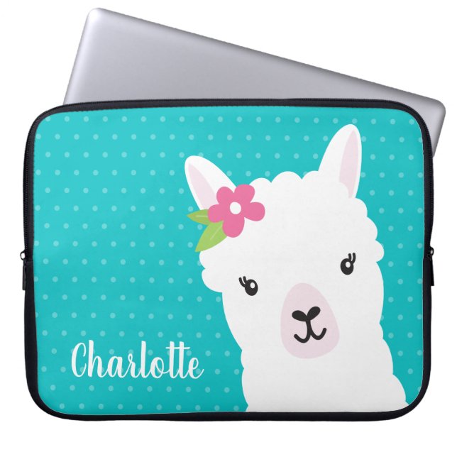 Blommigt Llama Alpaca Teal Personlig Laptop Fodral (Framsidan)