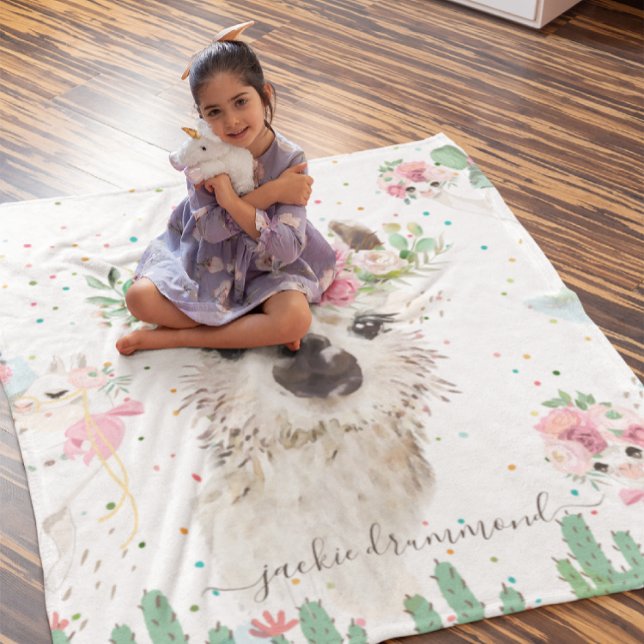 Blommigt Llama Ansikte | Namnteckning Monogram Ull Fleecefilt (Skapare uppladdad)