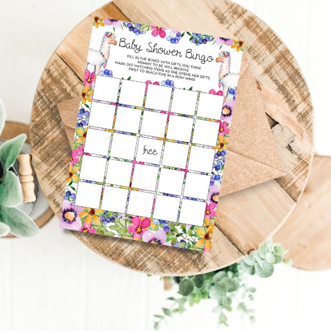 Blommigt Llama Baby Shower Bingo Game Card Inbjudningar (Skapare uppladdad)