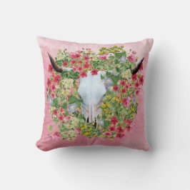 Blommigt Longhorn Skull på vattenfärgsbakgrund Kudde