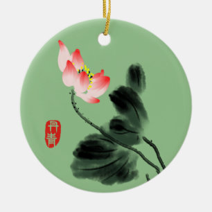 Blommigt Lotus Watercolor Freehand Teckning Grönt Julgransprydnad Keramik