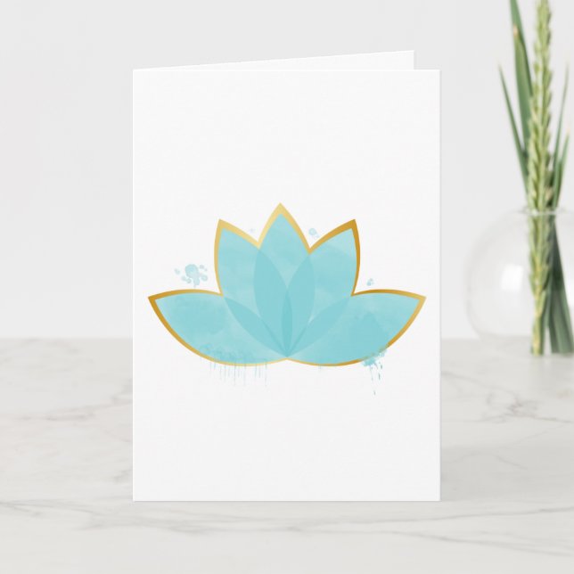 Blommigt Lotus Watercolor Seafoam Blue & Faux Guld Kort (Framsida)