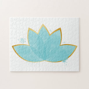 Blommigt Lotus Watercolor Seafoam Blue & Faux Guld Pussel