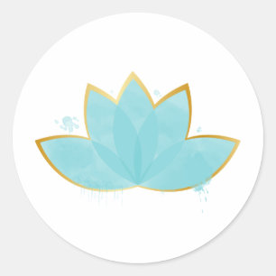 Blommigt Lotus Watercolor Seafoam Blue & Faux Guld Runt Klistermärke