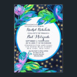 Blommigt Löv - Bat mitzvah vattenfärg för marin fj Inbjudningar<br><div class="desc">Detta är en stor och Bat mitzvah inbjudan till din unga tonårsflickas speciella evenemang. Den skildrar en handmålad ljusgrön, turkos-, grönt-, lila-, rosa- och neonfjäril, blomma och tropiska löv runt en cirkelblå vattenfärg gräns ovanpå en mörk marin blå natt himmel. I bakgrunden är det vackert att tända gulter och glöda...</div>