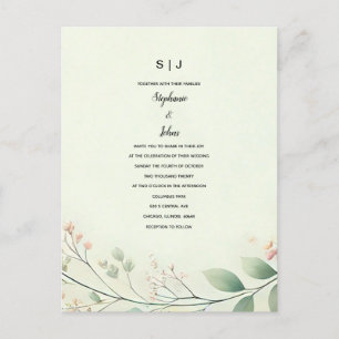 Blommigt Löv Monogram Sage Grönt Beige Bröllop Vykort