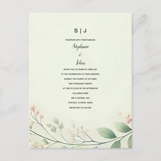 Blommigt Löv Monogram Sage Grönt Beige Bröllop Vykort (Framsida)