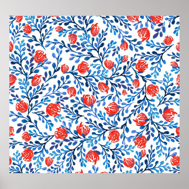 Blommigt Löv: Sömlös natur Mönster Poster (Framsidan)